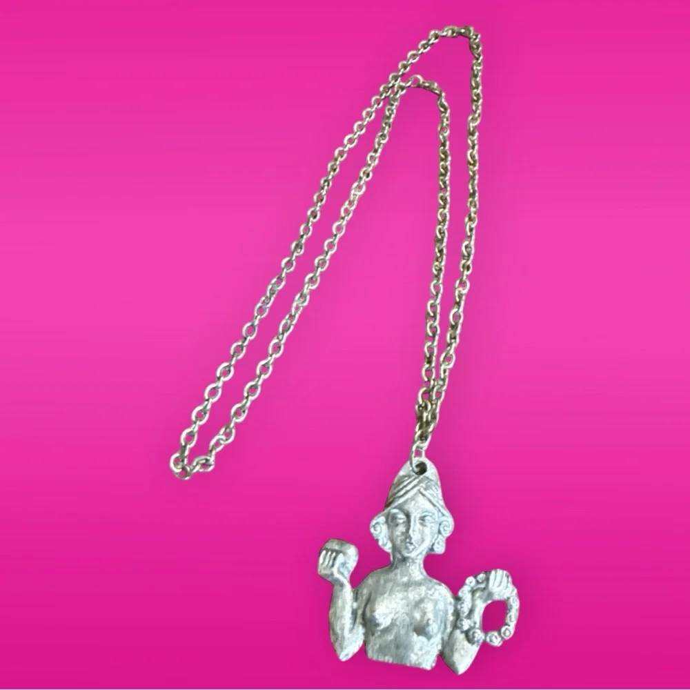 1970’s Boho‎ Estate Silver African Goddess Pendant Necklace, 14.75” Long